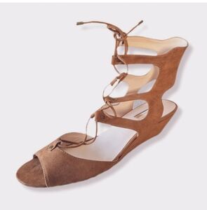 INC Shoes Camel Brown Faux Suede Open Toe Low Wedge Strappy Sandals Size 11